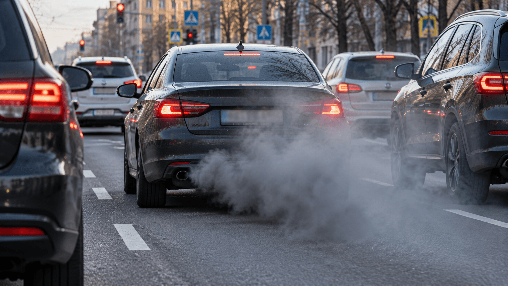 Miesto eisme važiuojantis dūminantis automobilis