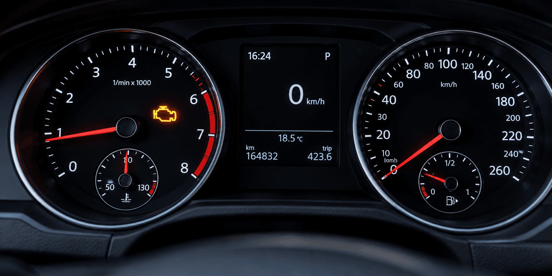 Automobilio prietaisų skydelyje šviečianti Check Engine lemputė