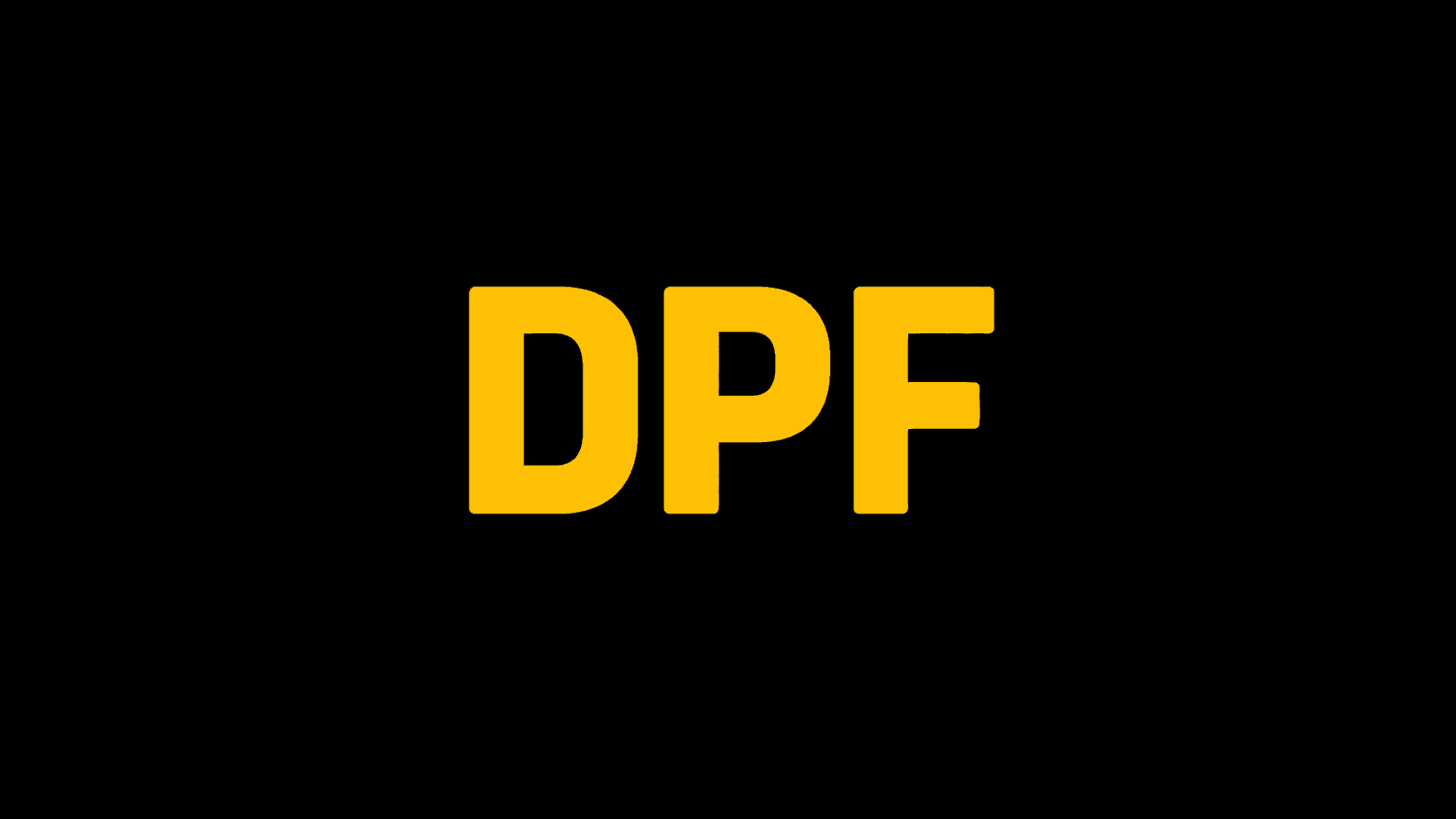 Geltonas DPF įspėjimo simbolis juodame fone