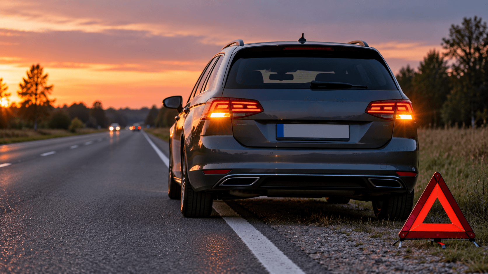 Šalikelėje sustojęs automobilis su įjungtais avariniais žibintais