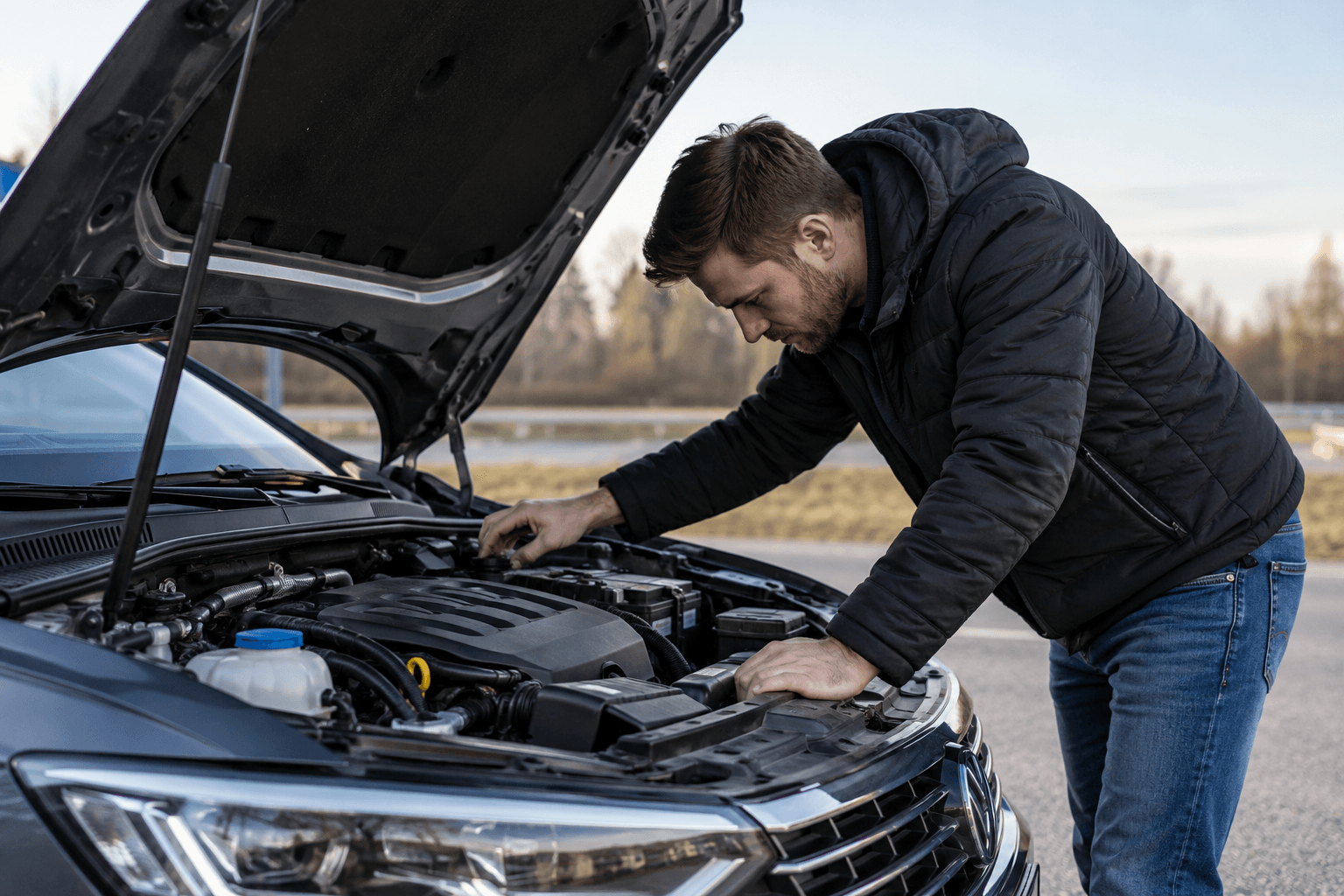 Vyras tikrina neužsivedusio automobilio variklį