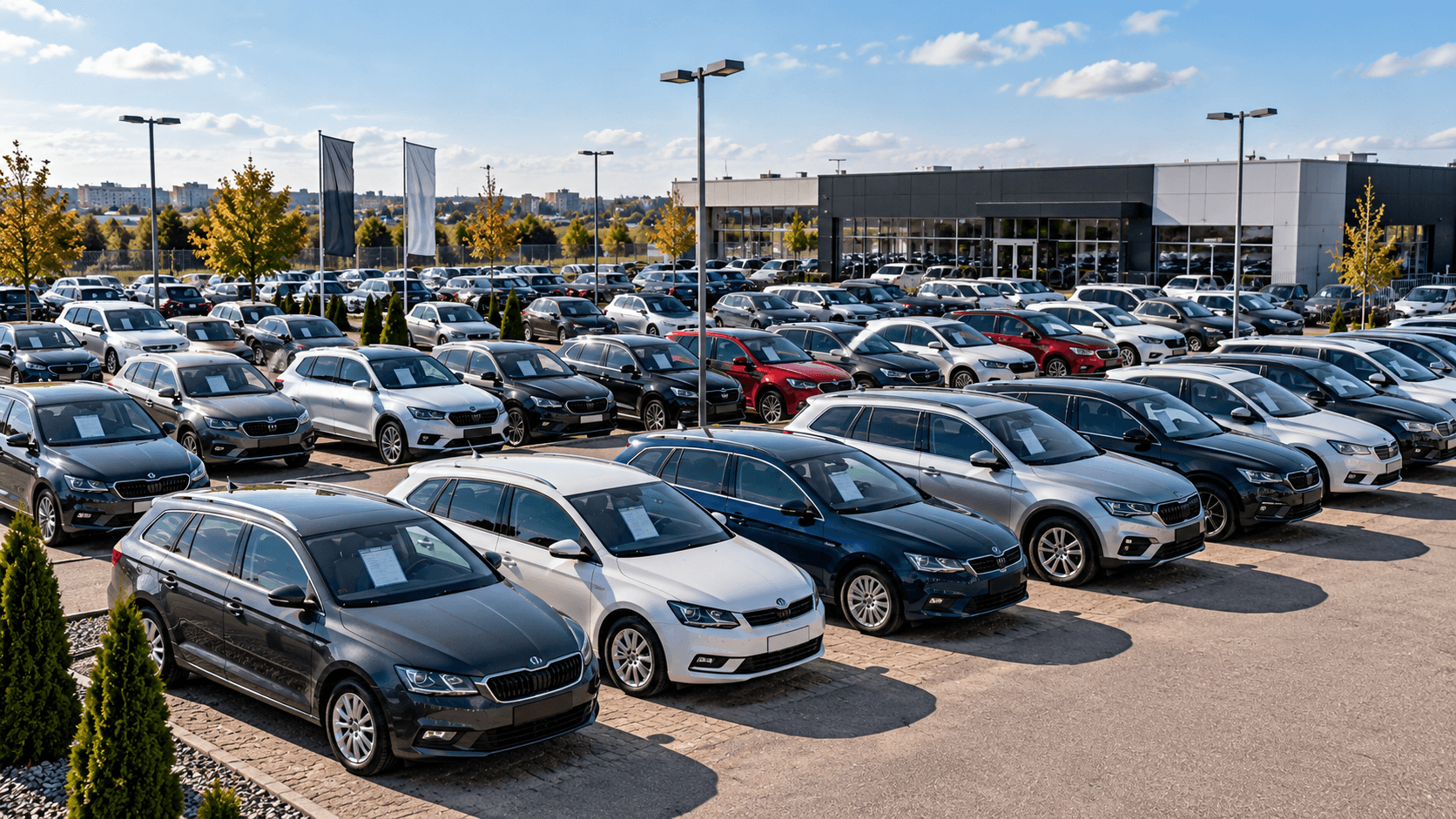 Naudotų automobilių pardavimo aikštelė su daugybe parduodamų automobilių