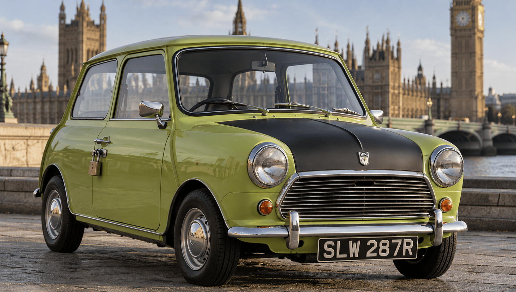 Žalias Mr. Bean Mini su juodu kapotu Londone